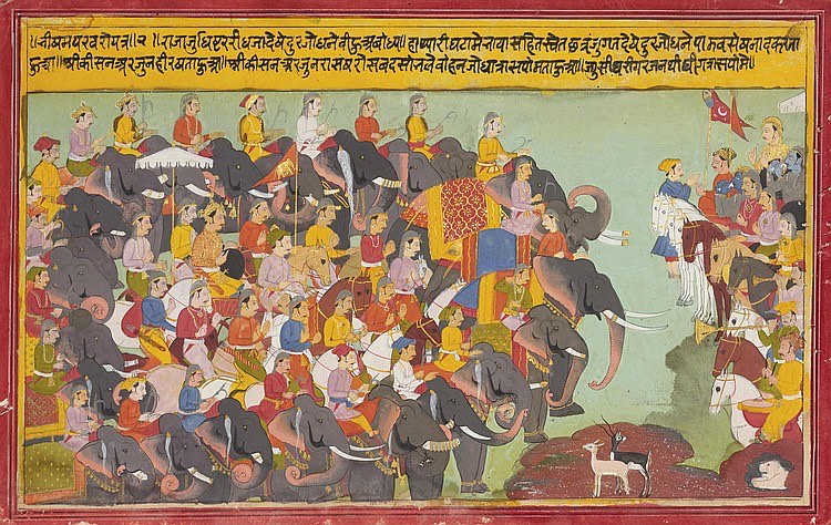 Two armies of elephants, chariots and massed riders face each other across a green field at Kurukṣetra, with a band of Devanagari text above — Mewar painting