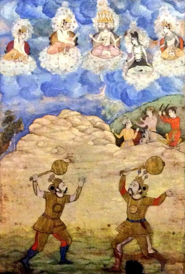 Bhīma and Duryodhana swing their maces at one another while the gods watch from the clouds — Razmnāma, 1598