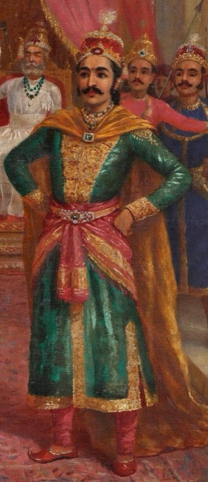 Duryodhana stands in court, hands on hips — Raja Ravi Varma