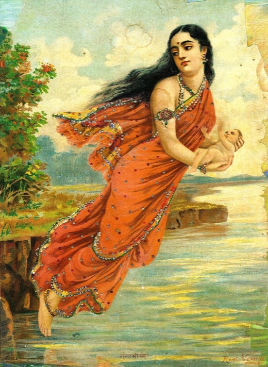 The river-goddess Gaṅgā hovers over the water carrying her infant son, the future Bhīṣma — Raja Ravi Varma press
