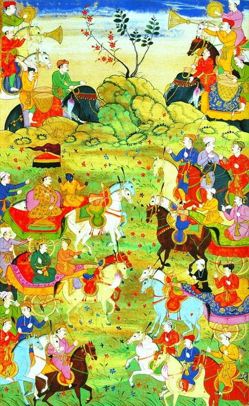 Kṛṣṇa the charioteer turns to counsel Arjuna — Mughal painting