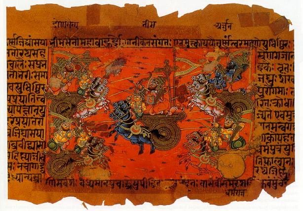 A red battle scene of chariots and archers ringed by Sanskrit text in an illustrated Mahābhārata manuscript