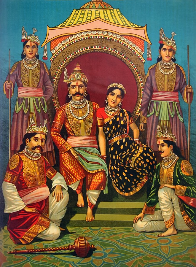 The five Pāṇḍava brothers grouped around a throne with Draupadī seated beside the eldest