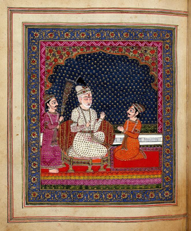 The blind king Dhṛtarāṣṭra seated with eyes closed as Sañjaya kneels before him, recounting the war