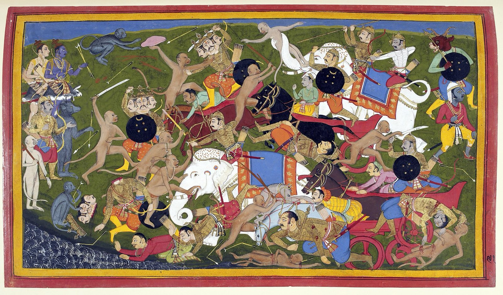 A crowded battle before Laṅkā: the vanara host with Rāma and Lakṣmaṇa at the upper left, Rāvaṇa's many-headed champions on horses and white elephants — a dense Mewar-style painting on a green field