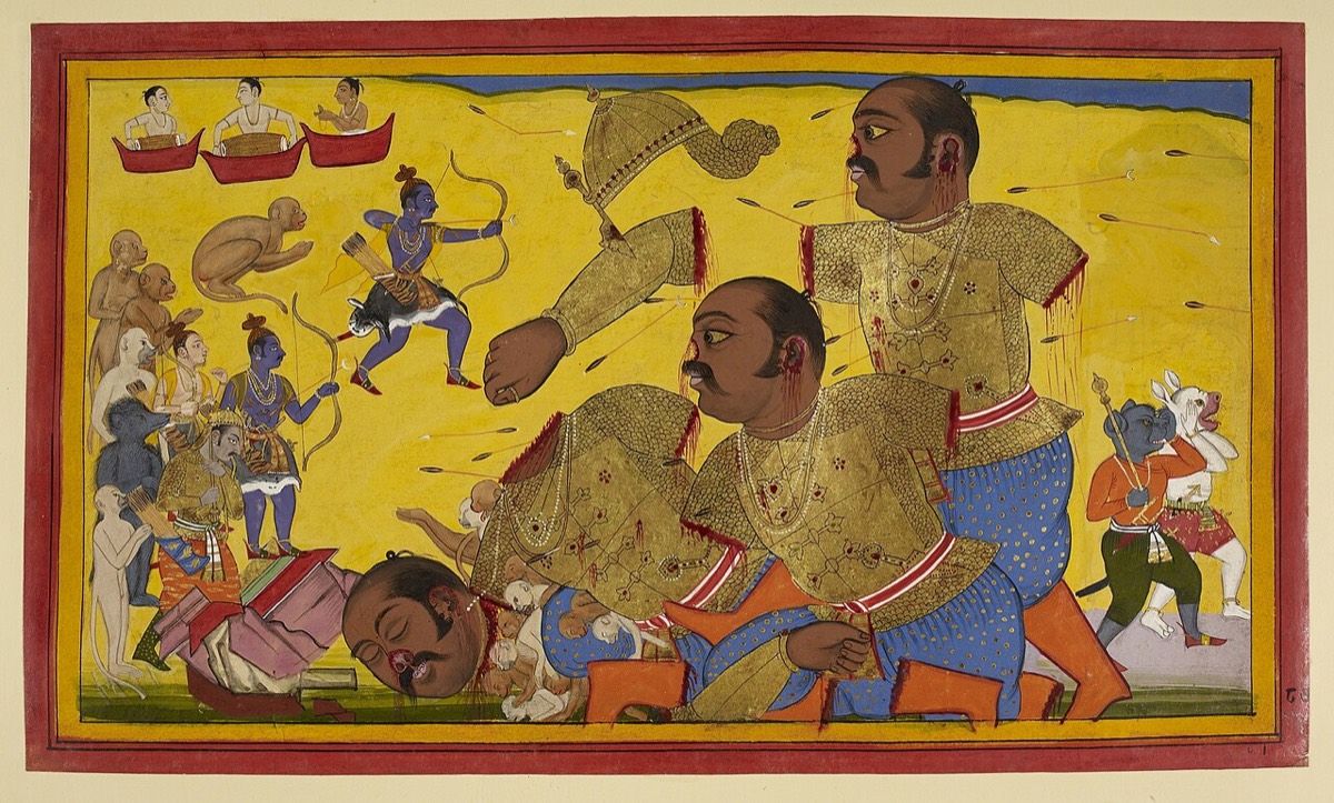 The giant Kumbhakarṇa, felled and bleeding on a yellow field, as blue-skinned Rāma draws his bow and vanaras look on