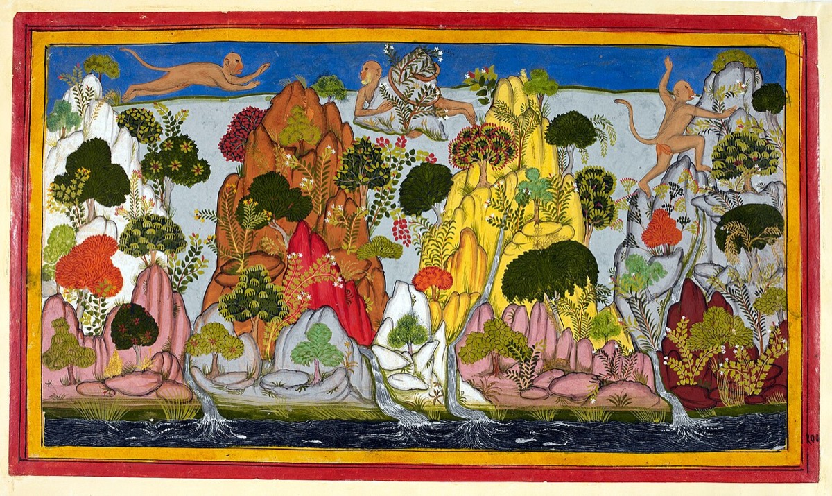 Hanumān flies to the Himālaya for healing herbs, leaping across a mountain landscape — Mewar Rāmāyaṇa, 1652