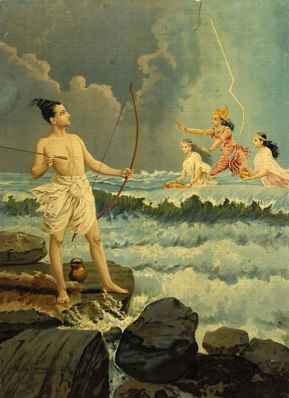 Rāma stands on the shore with his great bow as the sea-god Varuṇa rises from the waves — Raja Ravi Varma press print