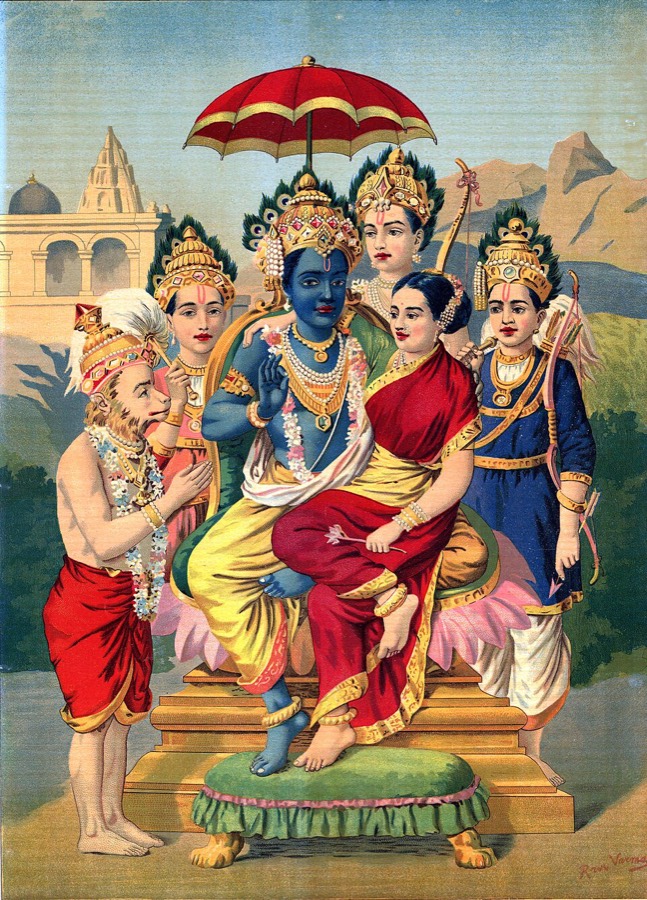 Rāma enthroned with Sītā at his side, his three brothers standing around them, and Hanumān kneeling with joined palms at his feet