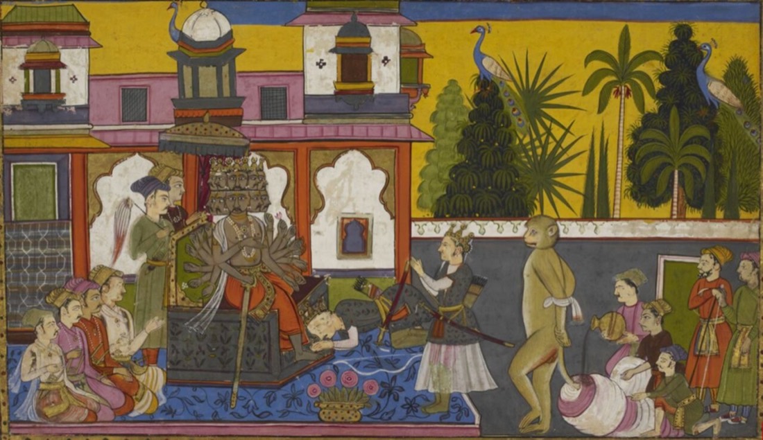 Many-headed Rāvaṇa enthroned in his court as the captured Hanumān is led before him — Mughal painting, 17th century
