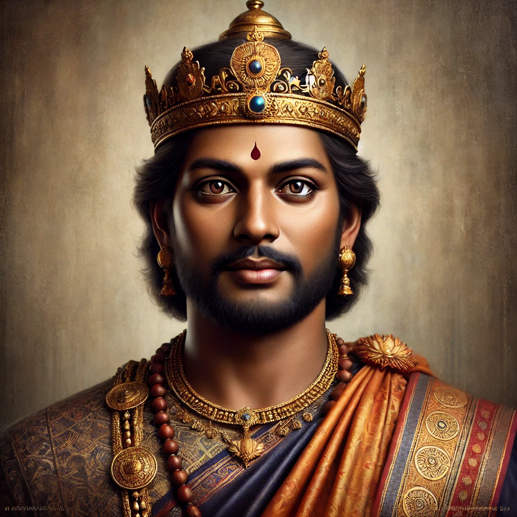 DALL·E 2024 08 27 15.43.25 A realistic portrait of Kumaragupta I the Emperor of the Gupta Empire depicted with historically accurate features and attire. He is shown with a ca The Reign of Kumaragupta I (415 to 455 CE) : The Last Strong Emperor of the Gupta Empire