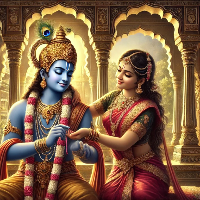 Raksha Bandhan Lord-Krishna-getting-a-rakhi-tied-to-his-wrist-by-Indian-princess-Draupadi