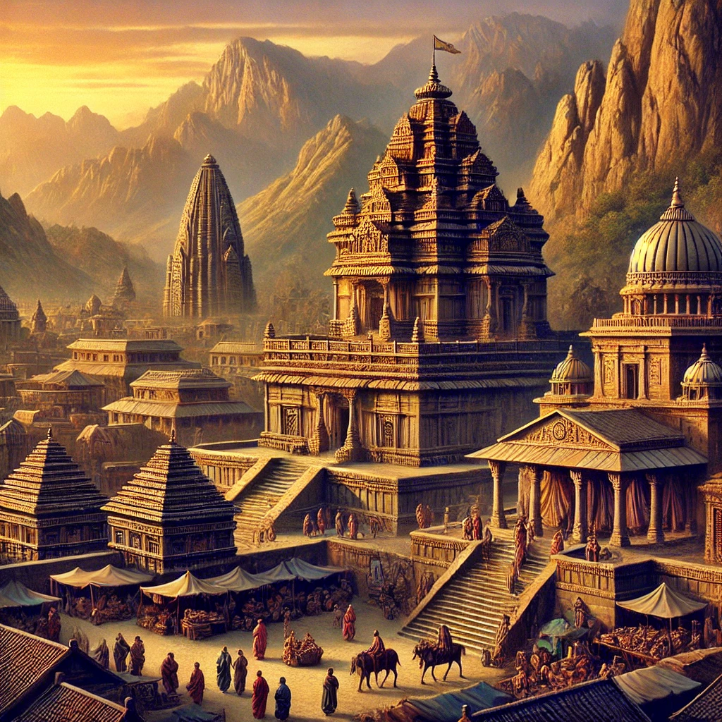 ancient-kingdom-of-Gandhar-Gandhara-showing-a-bustling-city-in-a-fertile-valley-surrounded-by-rugged-mountains