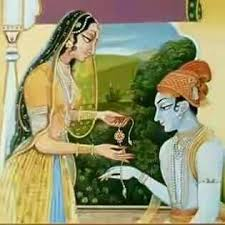 Raksha Bandhan Lord-Krishna-getting-a-rakhi-tied-to-his-wrist-by-Indian-princess-Draupadi