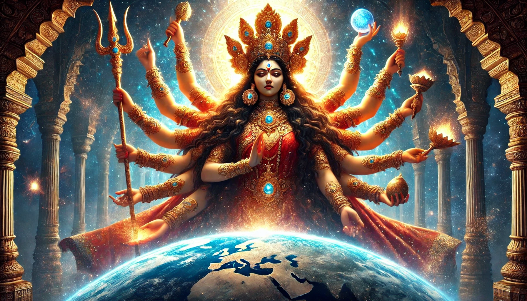 DALL·E 2024 10 02 14.28.24 An epic depiction of Goddess Durga with Indian features radiating divine strength and power. She is portrayed as an immense figure in the cosmos lar