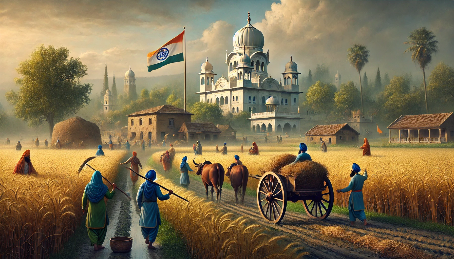 DALL·E 2025 01 23 19.30.01 A highly detailed digital painting of Punjab with dull realistic colors and no flag present. The scene showcases lush green fields with golden wheat