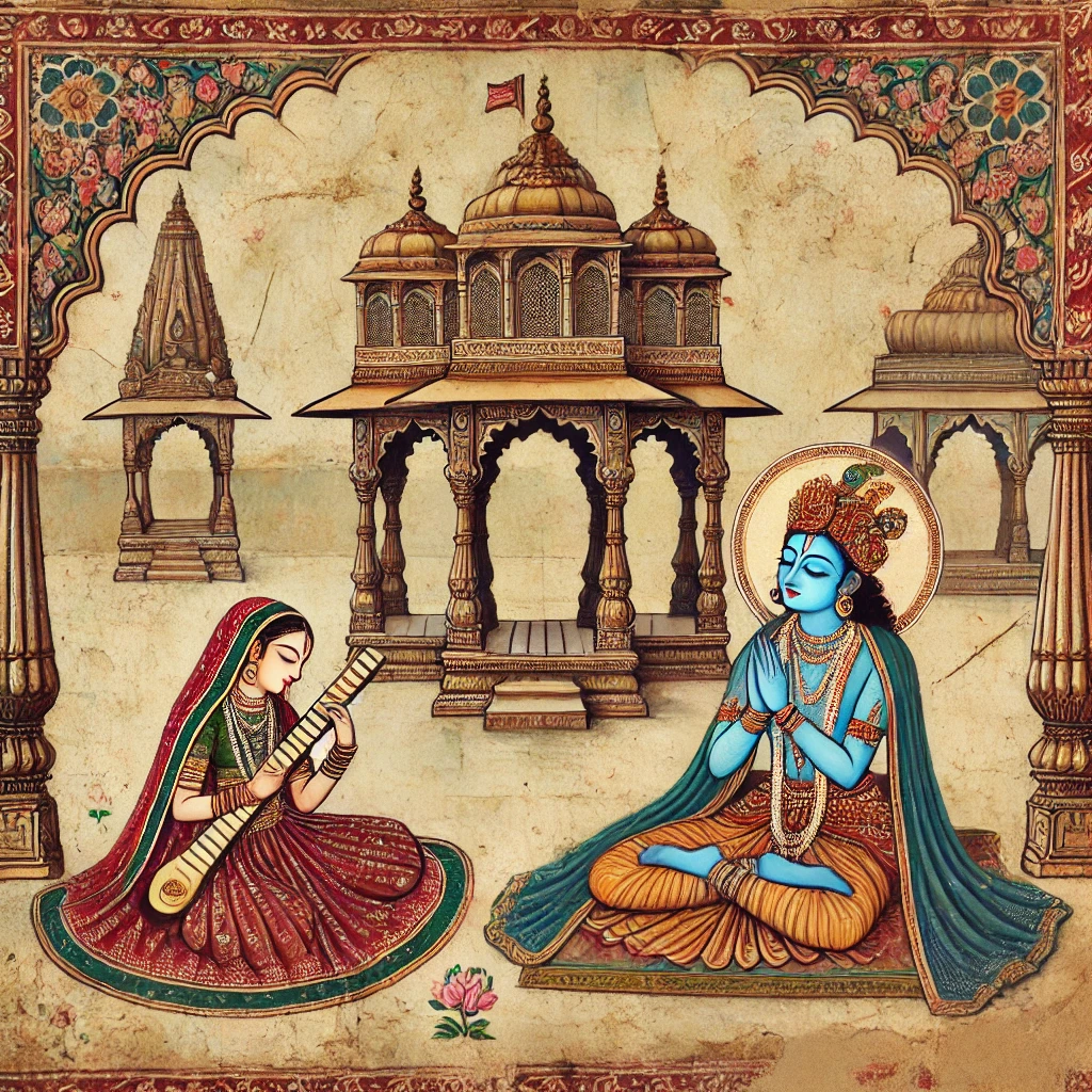 Bhakti Movement 14th-century-Indian-Rajasthani-style-depicting-Mirabai-praying-to-Lord-Krishna