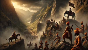 Mughal Maratha Conflict A-dramatic-scene-of-the-Mughal-and-Maratha-armies-preparing-for-battle-in-the-rugged-mountains-of-Maharashtra