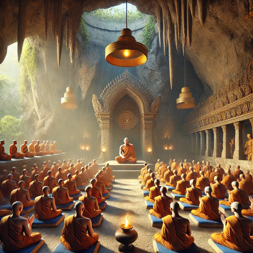 Buddhism - First-Buddhist-Council-held-in-Rajagriha-after-Buddhas-passing.-The-scene-features-Mahakassapa-the-presiding-monk