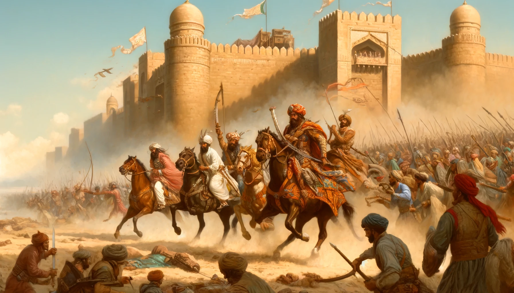 DALL·E 2025 02 27 18.08.45 A historical painting style illustration depicting Arab forces on horseback invading Sindh in the 8th century. The Arab warriors clad in traditional