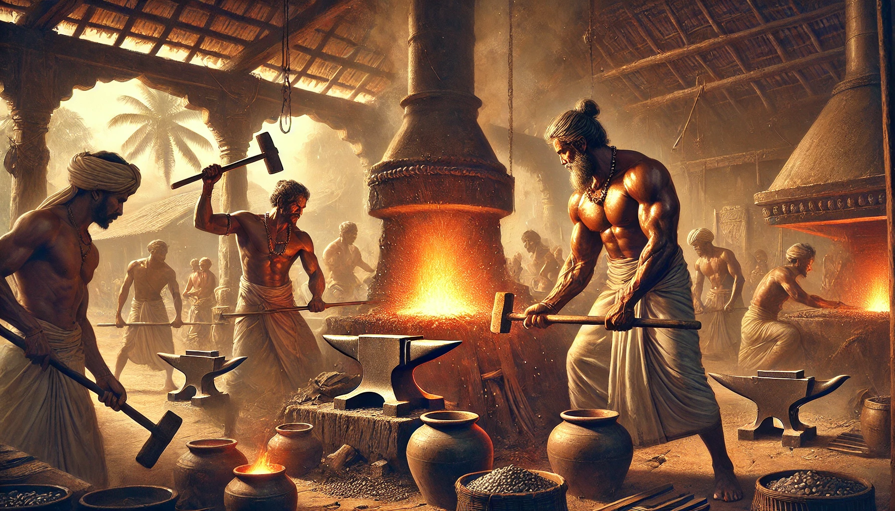 DALL·E 2025 03 03 17.11.59 A detailed painting of ancient Indian blacksmiths forging Wootz steel in a traditional workshop. The scene captures muscular blacksmiths working near