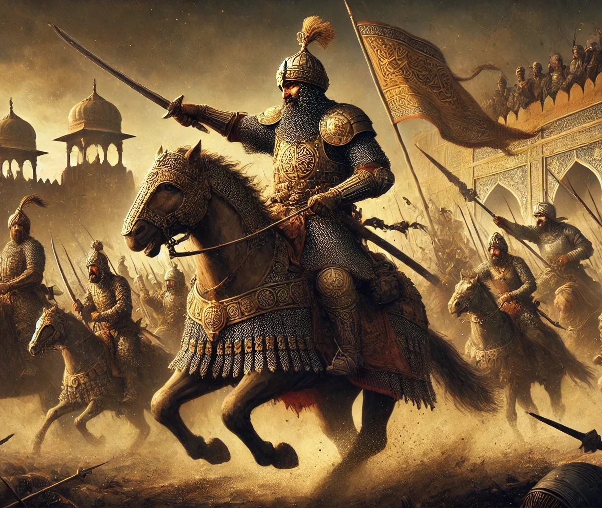 DALL·E 2025 03 04 19.52.56 A historical painting of warriors from the Khalji dynasty depicted as fierce and powerful in an intense battlefield scene. The Khalji soldiers wear i e1741136380543